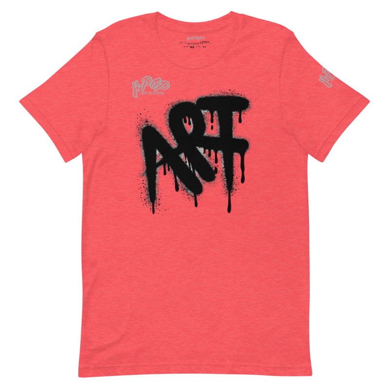T-shirt color corallo con stampa "ART" in stile graffiti dripping nero. Design moderno e audace, perfetto per abbigliamento casual e streetwear. Parole chiave: t-shirt, maglietta, corallo, graffiti, arte, streetwear, moda, abbigliamento, design, stampa, casual, urban, stile, tendenza, Italia.