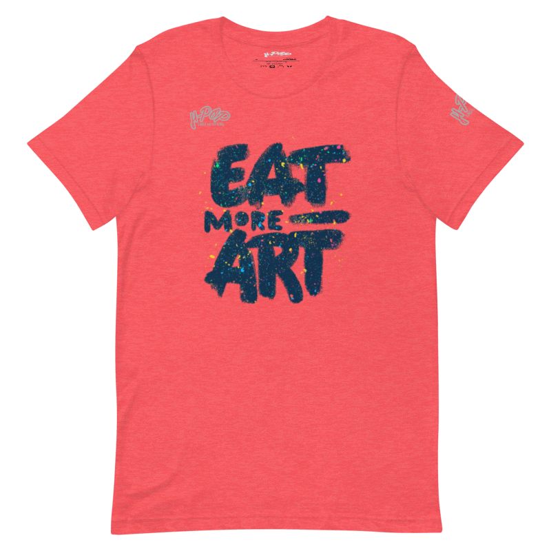 T-shirt color corallo con stampa "EAT MORE ART" in blu scuro, arricchita da schizzi di vernice colorati che richiamano l'arte e i graffiti. Perfetta per artisti, amanti dell'arte e appassionati di street style. Parole chiave: t-shirt, maglietta, corallo, arte, graffiti, pittura, streetwear, moda, abbigliamento, design, stampa, casual, urban, stile, Italia.