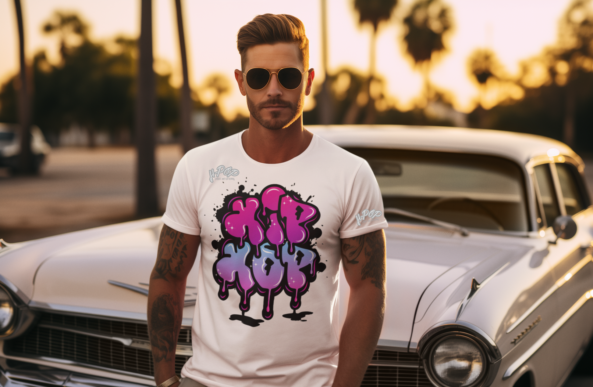 Un uomo con occhiali da sole e barba curata indossa una t-shirt bianca con una stampa grafica centrale colorata, che riporta la scritta "HIP HOP" in stile graffito con effetto gocciolante, sui toni del fucsia e dell'azzurro. È in piedi di fronte a un'auto d'epoca chiara, con palme sullo sfondo, illuminato dalla luce calda del tramonto o dell'alba.