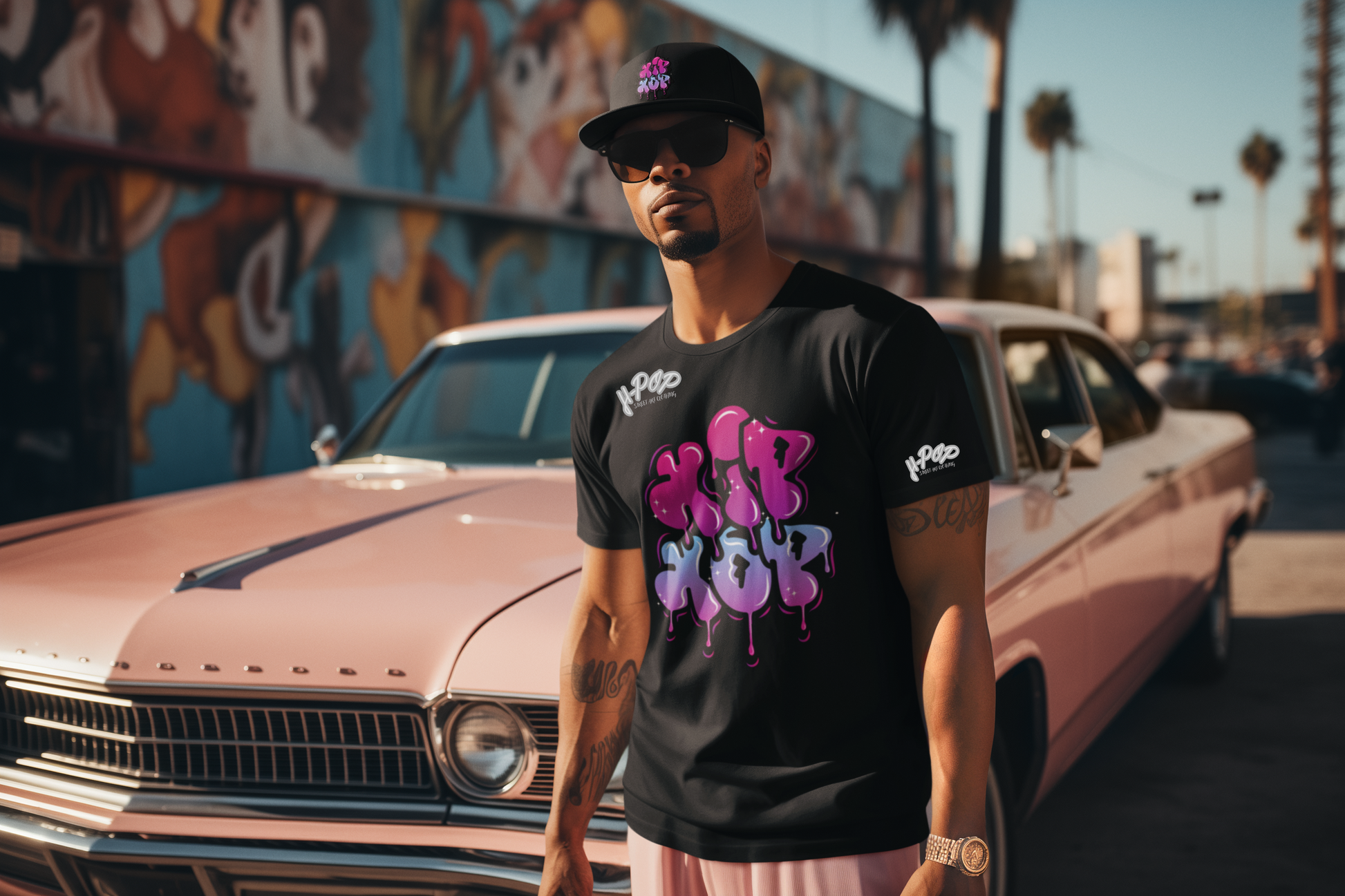 Un uomo con un berretto da baseball e occhiali da sole indossa una t-shirt nera con una stampa grafica colorata che mostra la scritta "HIP HOP" in stile graffito con un effetto gocciolante, sui toni del fucsia e dell'azzurro. È in piedi di fronte a un'auto d'epoca rosa chiaro, con un murale sullo sfondo e palme, suggerendo un ambiente urbano e soleggiato.