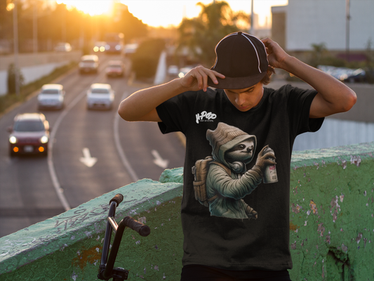 Un giovane con i capelli lunghi indossa una t-shirt nera con una stampa che raffigura un bradipo vestito con un cappuccio e uno zaino, mentre tiene in mano una bomboletta spray, come se stesse facendo graffiti. Il bradipo ha un'espressione divertita. Il ragazzo indossa anche un cappellino scuro con bordo bianco, tenendolo con entrambe le mani. Posa su un ponte con un parapetto verde scrostato, con una strada e auto sfocate sullo sfondo, sotto la luce del tramonto.