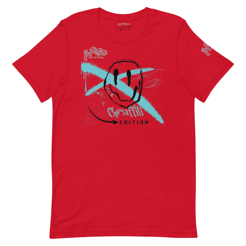 Maglietta rossa vivace con stampa ispirata ai graffiti: un volto sorridente stilizzato con un dinamico tocco blu chiaro a "X" e la scritta "Graffiti Edition". Perfetta per look audaci, moda street e abbigliamento casual. Parole chiave: t-shirt, maglietta rossa, graffiti, street style, moda giovanile, abbigliamento urban, design unico, stampa artistica, casual, streetwear Italia, tendenze moda.
