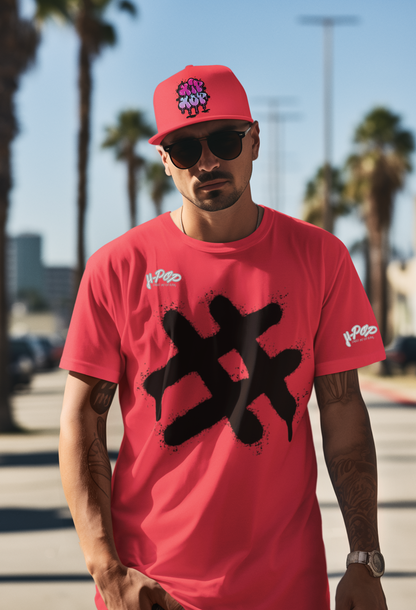 Un uomo con occhiali da sole e un berretto rosso con un'illustrazione fumettistica indossa una t-shirt rosso corallo. La maglietta ha una grande stampa centrale nera in stile graffito, che assomiglia a un asterisco o una forma astratta con un effetto gocciolante. L'uomo ha tatuaggi sulle braccia e un orologio al polso. Posa all'aperto in un ambiente urbano soleggiato con palme sullo sfondo.