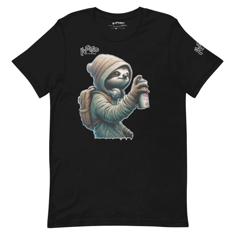 Maglietta nera con bradipo graffitaro. T-shirt uomo, streetwear, abbigliamento casual, moda italiana, t-shirt con stampa